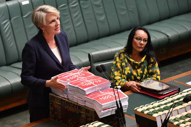 Shadow Minister for Education Tanya Plibersek has tabled petitions signed by 130,000 Australians calling for the Government to act on violence against women before Question Time in the House of Representatives at Parliament House in Canberra