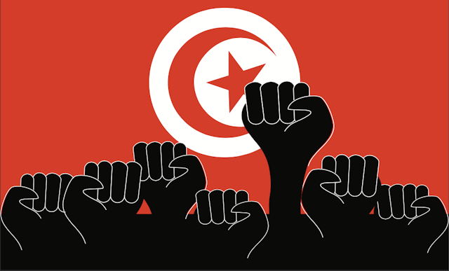A graphic illustration of black fists raised in the air against a red backdrop featuring the star-and-moon emblem of the flag of Tunisia.