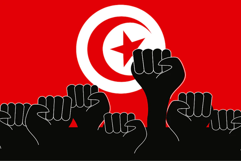 A graphic illustration of black fists raised in the air against a red backdrop featuring the star-and-moon emblem of the flag of Tunisia.