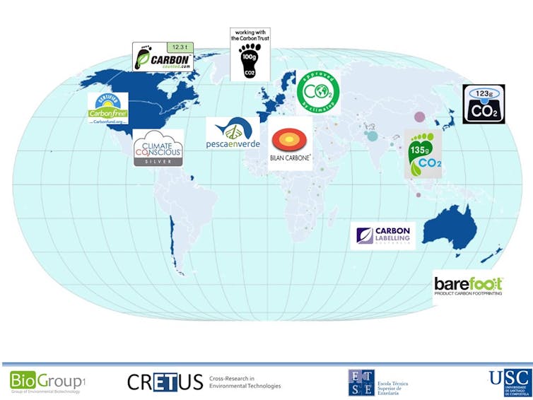 Figura 1. Exemplo dalgunhas ecoetiquetas relacionadas coa pegada de carbono que se aplican no ámbito da alimentación. En azul escuro algúns dos países con implantación de ecoetiquetas de pegada e carbono no ámbito da alimentación. Crédito: Gumersindo Feijoo