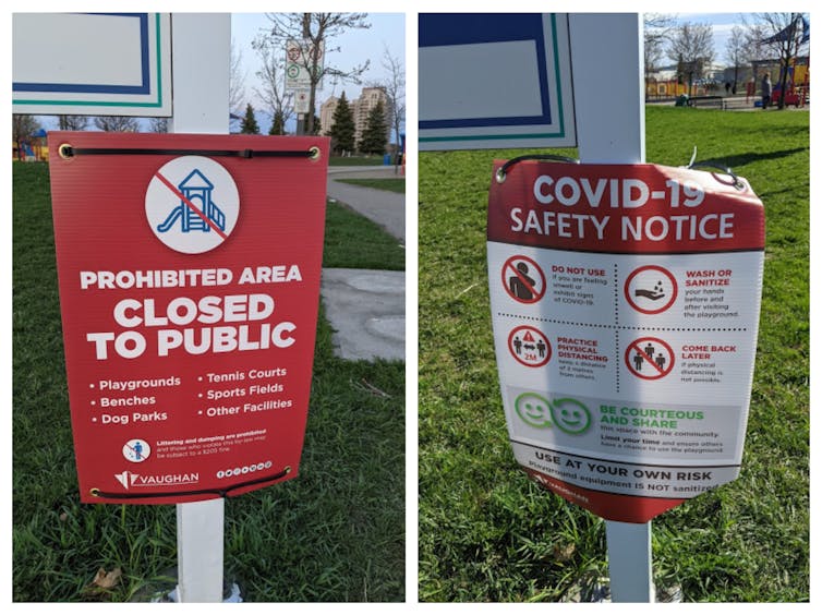 Public health instruction signs at a playground