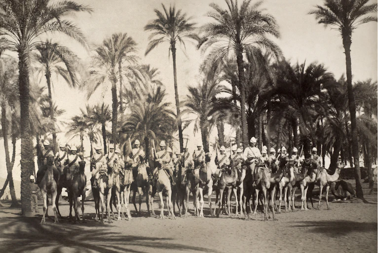 Black and white photo of British soldiers mounted on horses with palm trees in the background