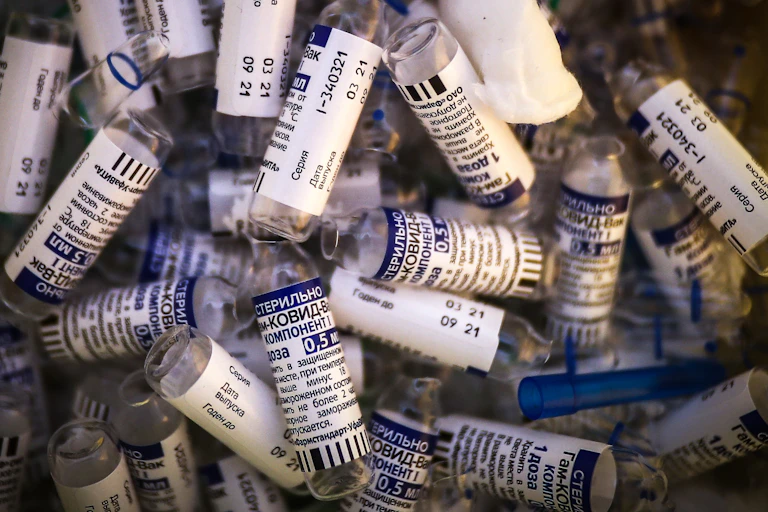 A pile of discarded vials of the Sputnik V vaccine.