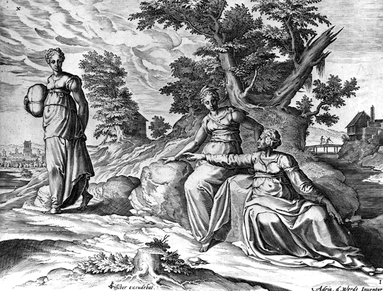 An engraving depicts Naomi instructing her daughter-in-law Ruth to leave with Orpah, her other daughter-in-law, from the book of Ruth, in the Old Testament.