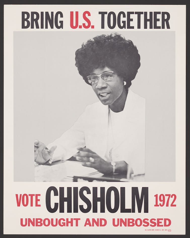 Poster: Bring U.S. together. Vote Chisholm, 1972. Unbought and unbossed.