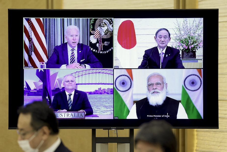 Réunion virtuelle entre le président américain Joe Biden et les premiers ministres australien Scott Morrison, japonais Yoshihide Suga et indien Narendra Modi, le 12 mars 2021.