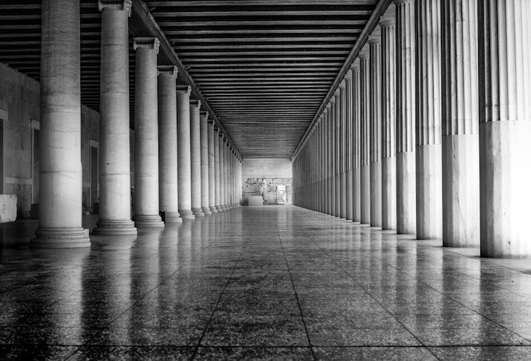 Black and white view of the Stoa of Attalos, Athens, Greece.