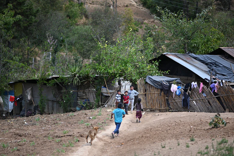 Children play with a dog in a dusty area with shacks in the background