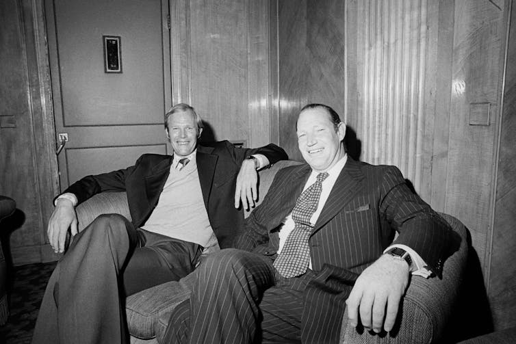 Kerry Packer and Tony Greig launching World Series Cricket at a press conference in London in 1978.