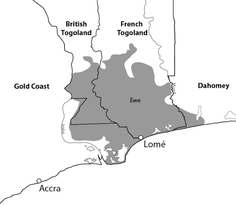 A map of the division of Ewe-speaking peoples by colonial borders