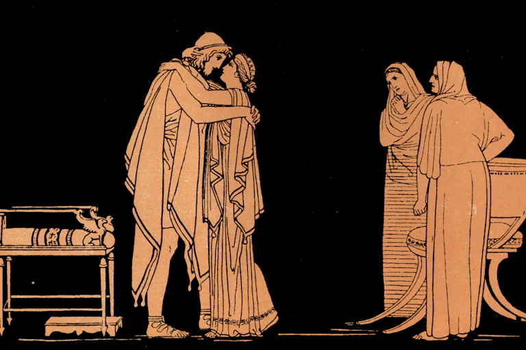 An illustration of Greek hero Odysseus, Homer,'s epic, The Odyssey reuniting with his wife Penelope upon his return to Ithaca.