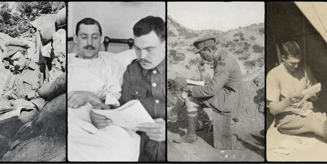 Australian soldiers reading magazines in various settings such as trench and hospital 