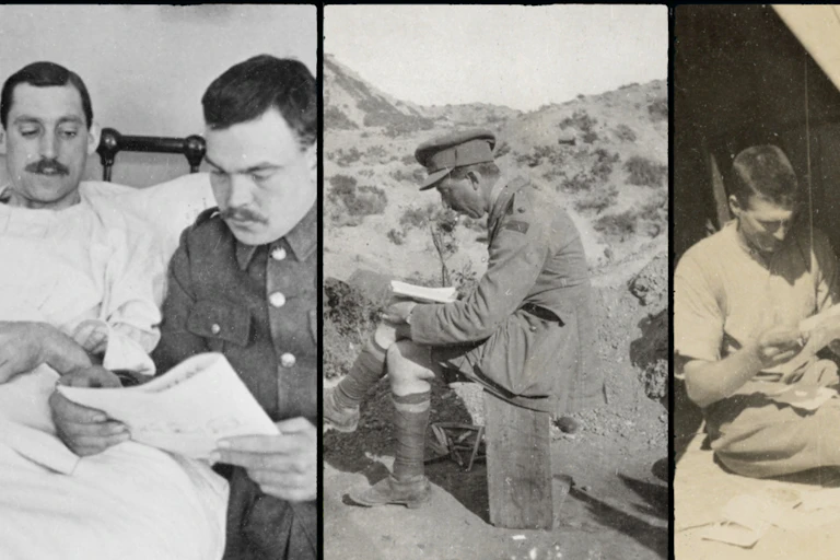 Australian soldiers reading magazines in various settings such as trench and hospital