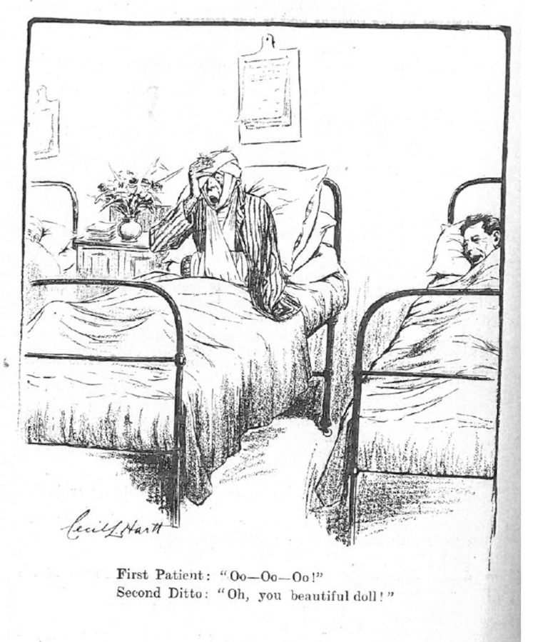 Cartoon of two soldiers in hospital beds.