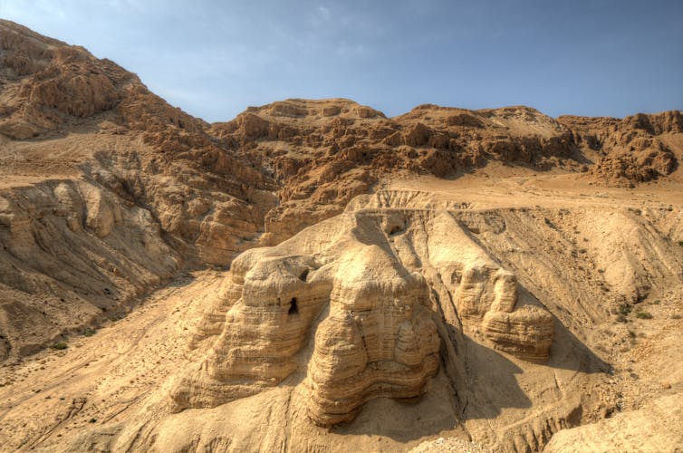 One of the caves in which the scrolls were found at the ruins of Khirbet Qumran in the desert of Israel.