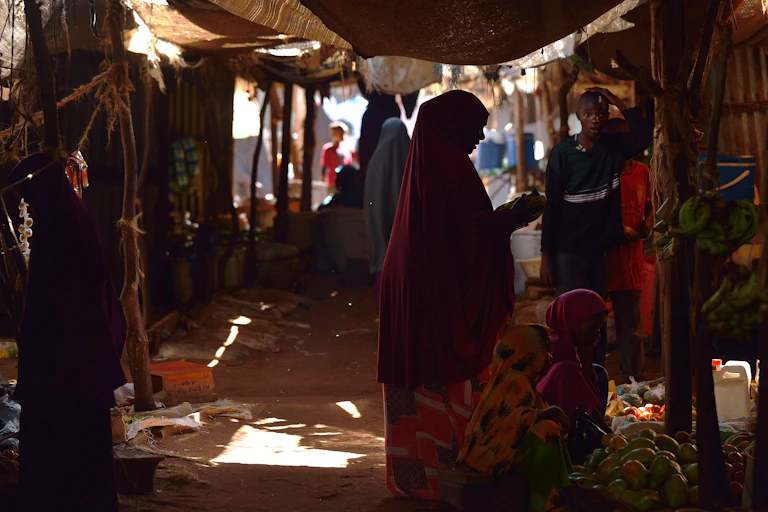 A woman in a flowing red cover-all shops for fruits and vegetables at a market