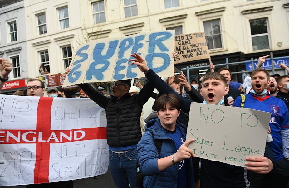 Chelsea fans protesting the ESL proposals as their club became first to withdraw from project. 
