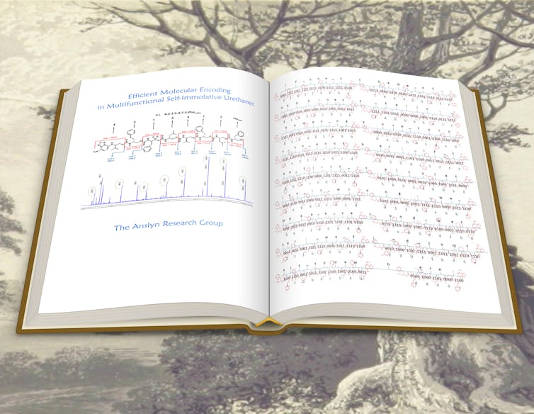 An image of a book showing a quote from Jane Austen's Mansfield Park written across 18 molecules.