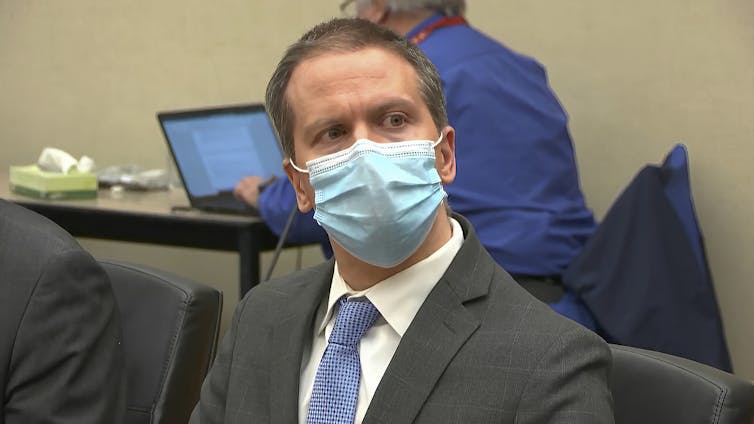 Derek Chauvin listening to the jury's verdict in his trial.