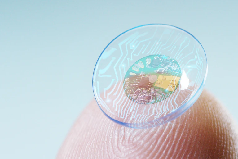 A close-up of a contact lens with an implanted chip