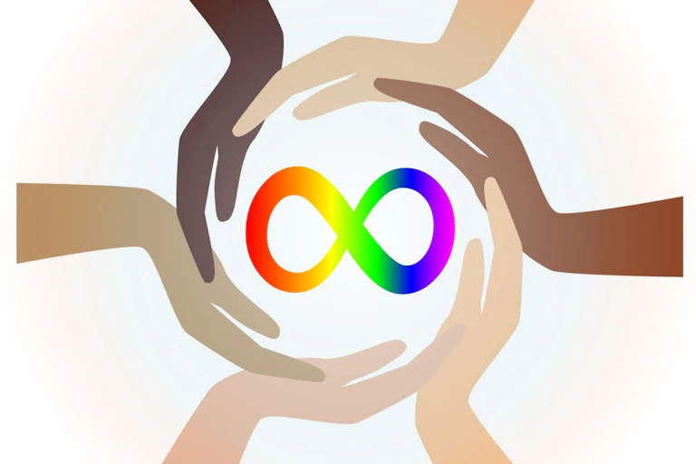 Hands encircling rainbow infinity neurodiversity symbol