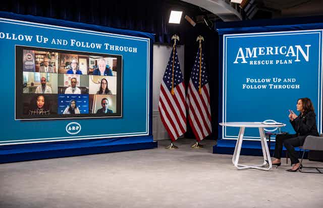 Kamala Harris speaks at a White House virtual briefing.