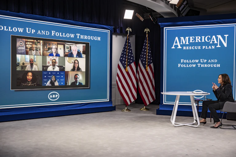 Kamala Harris speaks at a White House virtual briefing.