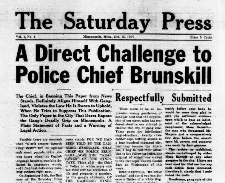 A portion of the front page of The Saturday Press, with headline