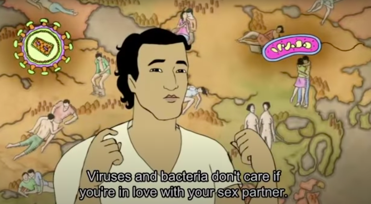 Cartoon image of a young man with a map of sexual partners behind him. The words underneath say, 'viruses and bacteria don't care if you're in love with your sex partner'.