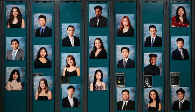 Photos of students on lockers.