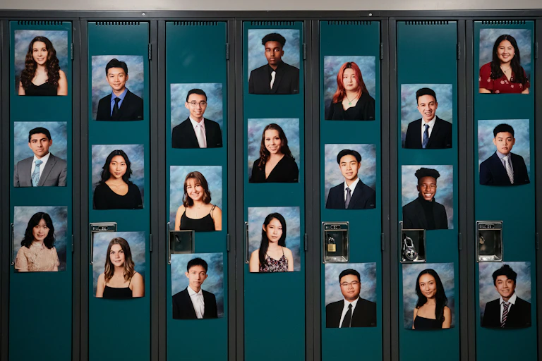 Photos of students on lockers.