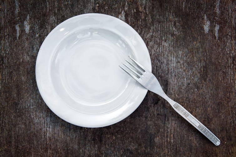 An empty plate with a fork.