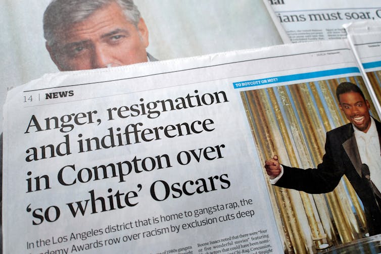Newspaper clipping that says 'Anger, resignation and indifference in Compton over 'so white' Oscars'
