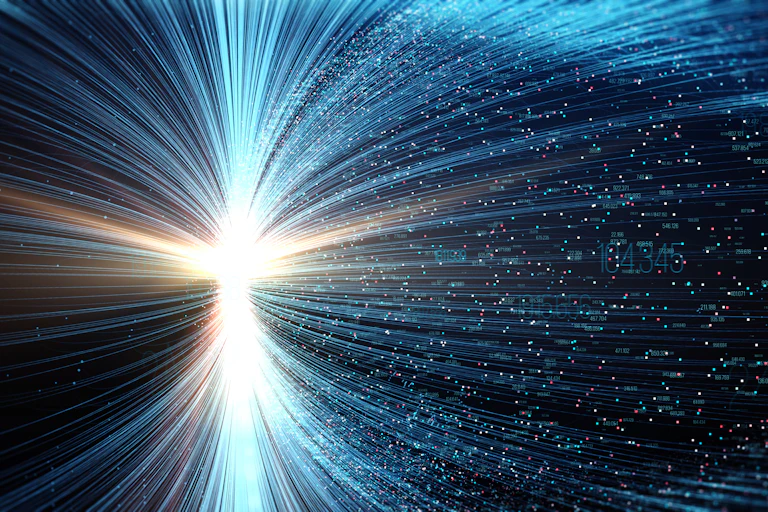 Computer generated image of streams of light, representing data being transferred.