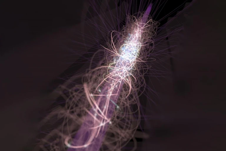 A laser of light against a dark background surrounded by atoms