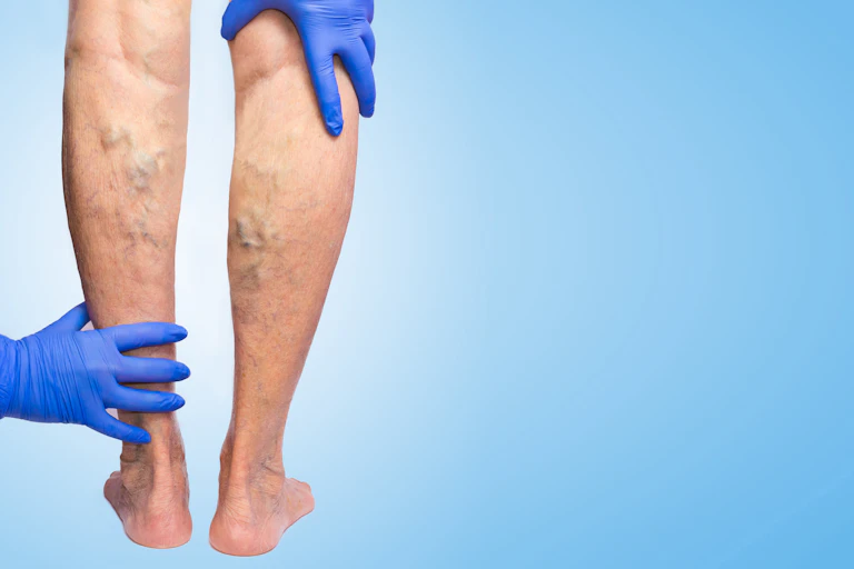 A doctor examines a person's varicose veins in their legs.