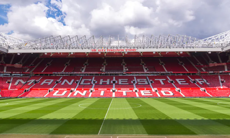 Empty stands at a football stadium.