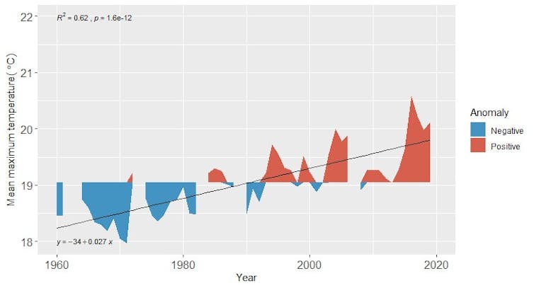 A graph showing rising temperatures at Cape Point between 1960 and 2019.