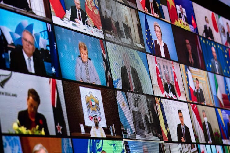 Screen showing the video feeds of each world leader