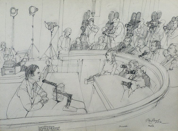 A sketch of Daniel Ellsberg testifying in front of cameras and politicians.