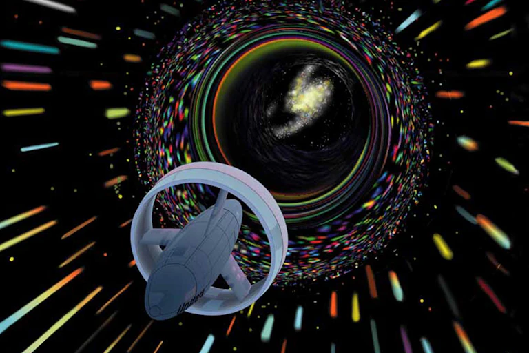 A ship with a ring around it and stars stretched to lines around it.