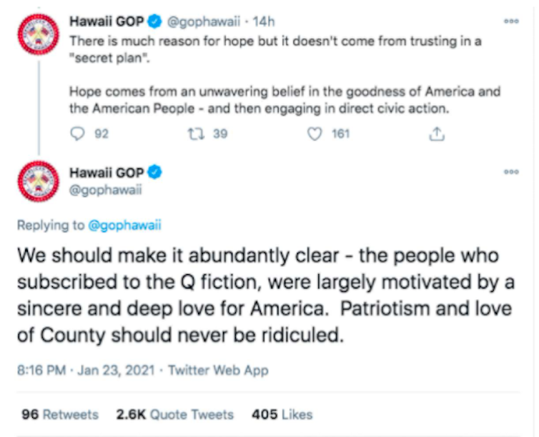Screenshot of two tweets from the Hawaii Republican Party, one of which expresses sympathy for QAnon believers.
