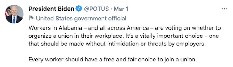 Joe Biden tweet: 'Every worker should have a free and fair choice to join a union.'