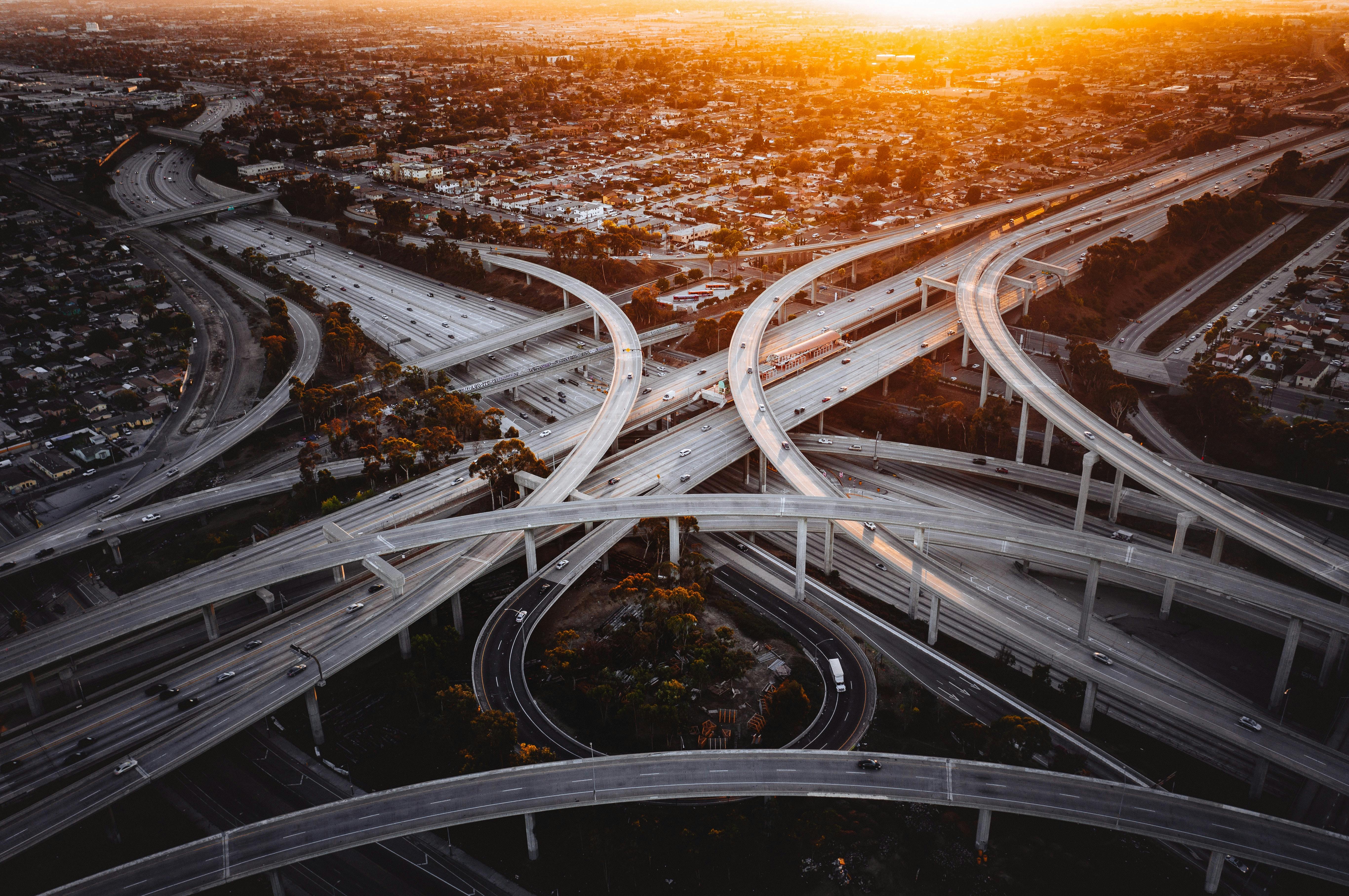 Aerial shot of complex highway spaghetti intersection
