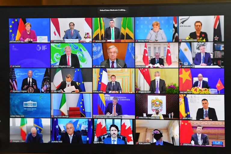A zoom conference, containing members of the Biden climate conference