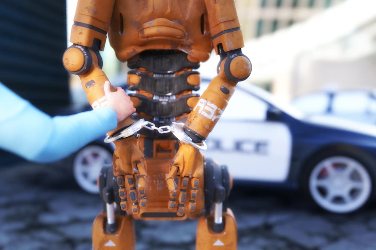 A humanoid robot stands with its arms in handcuffs behind its back, a blue-sleeved human arm holds one of the robot's arms, a police car in the background