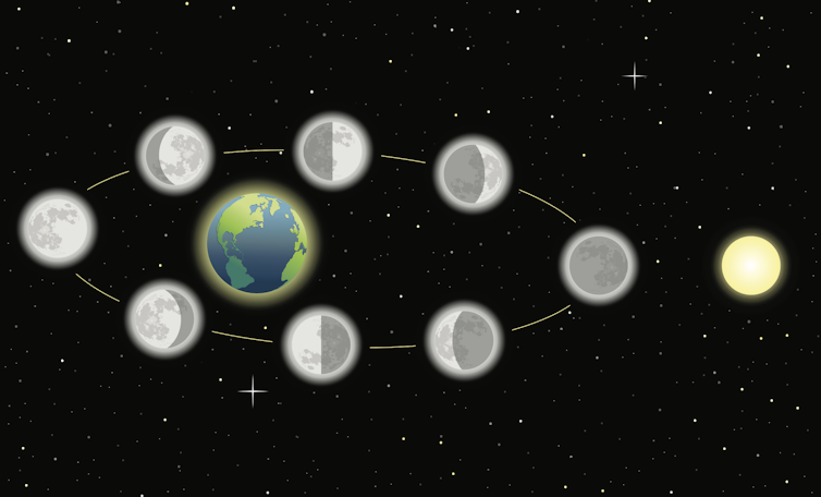 Diagram showing the moon's phases as it orbits Earth.