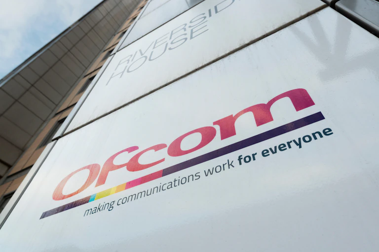 Sign outside the headquarters of broadcasting regulator Ofcom at Riverhouse House building on Southwark Bridge Road in London, UK.