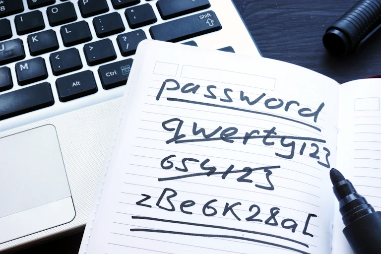 A notebook with simple passwords crossed out.