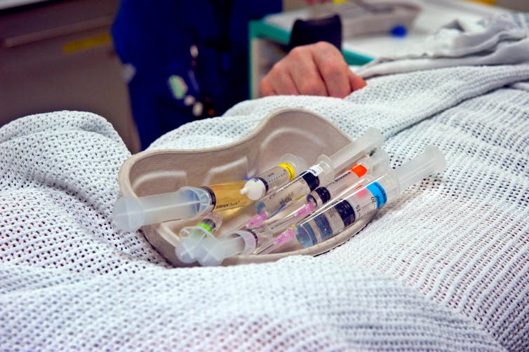 Tray of anaesthetic drugs.